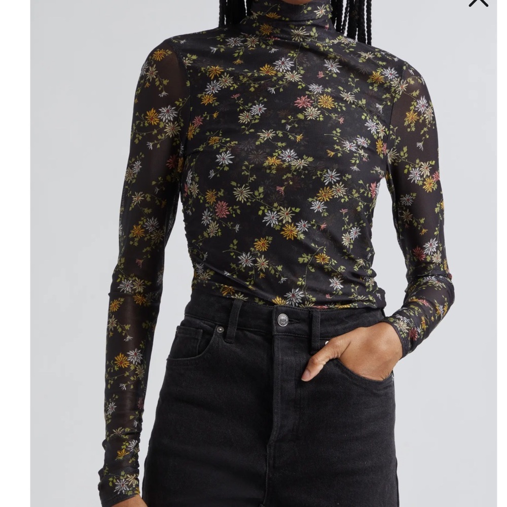 Cinq a Sept Floating Daisies Shirred Mesh Mock Neck Top